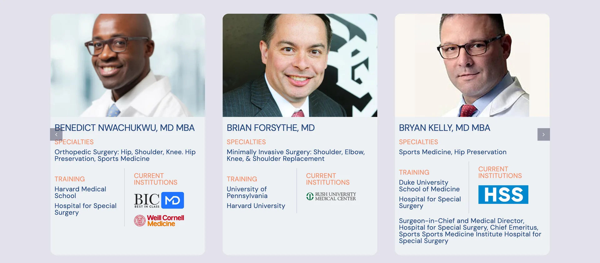 Physician cards: specialty, training, institution