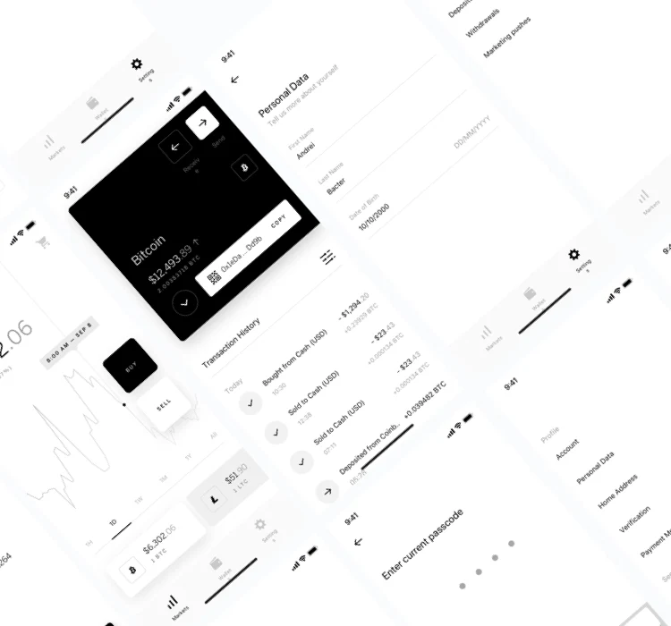 The Basetrade and Exchange app wireframes