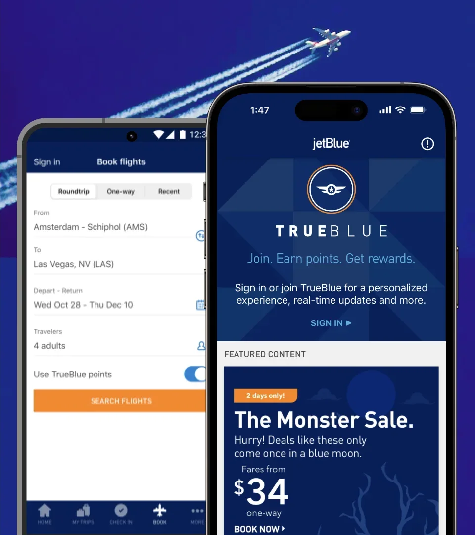 Book flights, and TrueBlue: sign in, earn points, get rewards