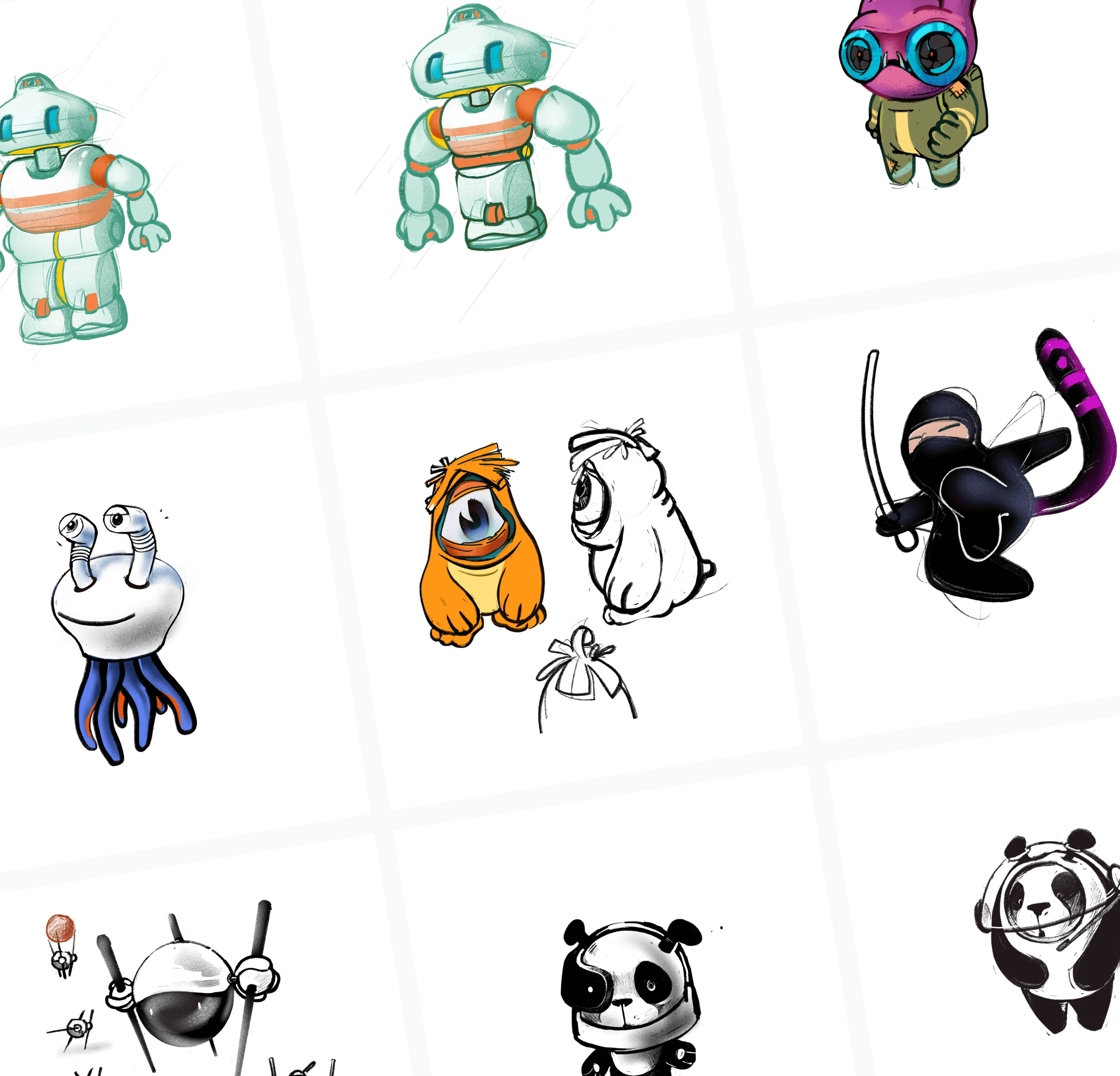 Early sketches: six imagined characters